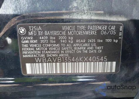 2006 BMW 325I from USA, damaged, VIN WBAVB13546KX40545